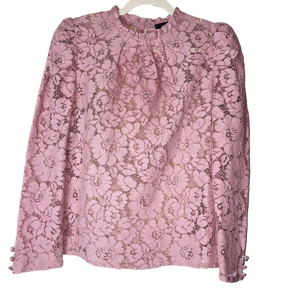 Vici Pink Ruffled Long Sleeve Blouse with Mandarin Collar